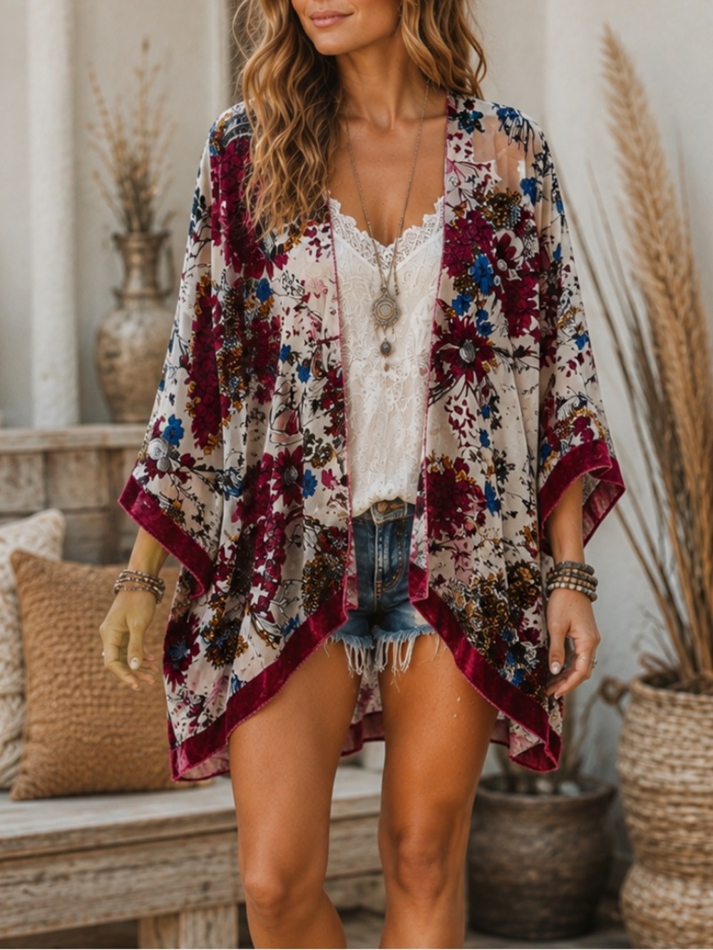 Boho Burnout Burgundy Floral Open Kimono